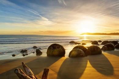 Download Wallpapers 2560x1024 New Zealand, Ocean, Sunrise, Rocks ...
