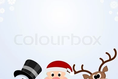 Santa Claus, Snowman And Reindeer On A Snowy Backgrounds