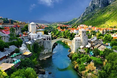 Alpine A Town Mountain House Bridge River Trees Nature City ...