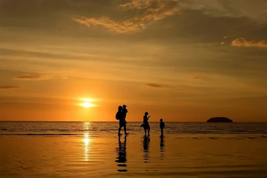 Silhouette Landscape Sunset Family Sea Beach Ocean Reflection ...