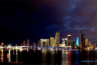 Miami Skyline At Night Wallpaper.