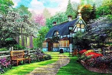 COTTAGE IN SPRINGTIME WALLPAPER   (