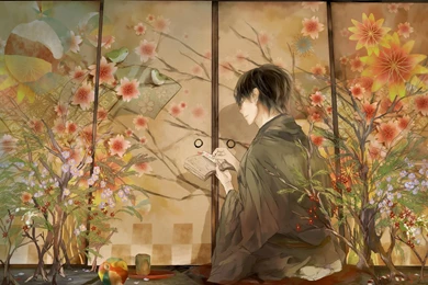 2560x1600 Anime, Kimono, Guy, Tirade, Birds, Characters, Flowers ...
