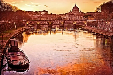 Ancient river tiber rome italy medieval hills grass light ruins town building panorama sun monument roma ancient antique arena roofs colors sky old street  ...