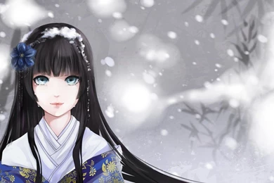 Anime Girl Long Hair Winter Snow Cry Kimono Wallpapers