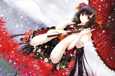 Anime, Kimono, Anime Girls, Umbrella, Snowing, Winter, Red Flowers ...
