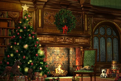 Christmas Fir tree At A Fireplace Wallpapers And Images ...