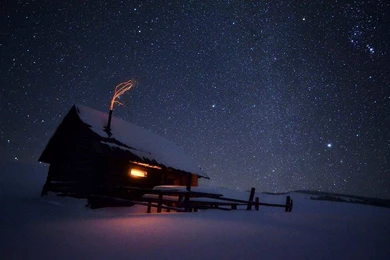 Winter Night House Snow Stars Sparks Frost Wallpapers