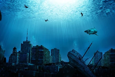 Buildings Skyscrapers Underwater Ocean Shark Fish Great White Post ...