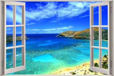 Huge 3D Window Exotic Beach View Wall Stickers Film Mural Art ...