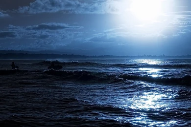 Download Wallpapers 2560x1024 Moon, Night, Ocean, Coast, Light ...