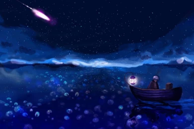 Rowboat On The Dark Sea, Jellyfish, Sky, Star, Artistic, 1920x1080 ...