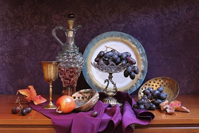 Grapes Apples Wine Jug Glass Plate Napkin Still Life Wallpapers ...