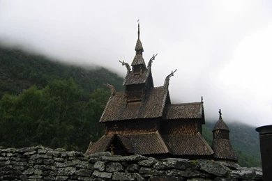 Medieval: Viking Church Stone fence Wood Norwegian Architecture ...