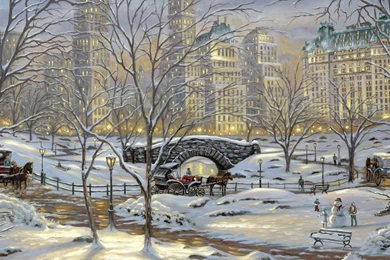 Download Wallpapers 2560x1440 Painting, Winter, Snow, Bridge ...