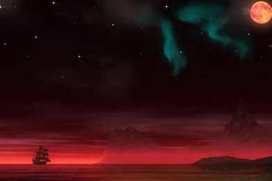Night Pirate Ship Planets Moon Aurora Borealis 1210 : Wallpapers13.com