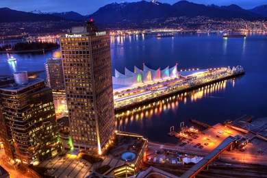 Skyscrapers: Vancouver Sails Blue Ocean Water Highrise City Night ...