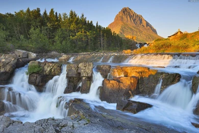Beautiful Big Waterfall Blue Sky Greens Mountain River Rocks ...