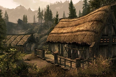 Medieval: Medieval Huts Mountains Path Artwork Trees Landscape ...