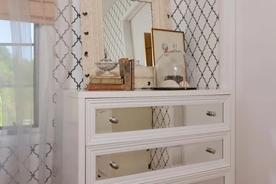 Trellis Wallpapers And Mirrored Dresser In Cottage Style Bedroom