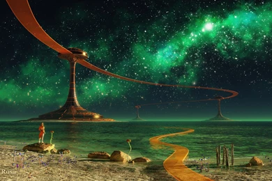 Rendering Night Landscape Colony Water Lake Sea Girl Rocks ...