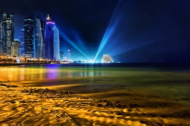 Qatar Buildings Skyscrapers Night Beach Ocean Lights Wallpapers ...
