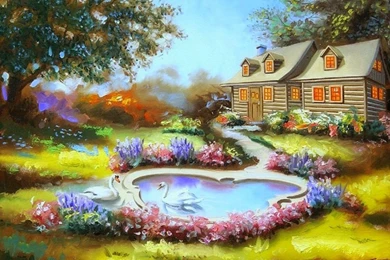 Swans Tag Wallpapers: River Bank Cottage Back Swans Boat Pictures ...