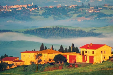 Houses: Golden Village Tuscany Landscape Sunset Fields Gills Fog ...