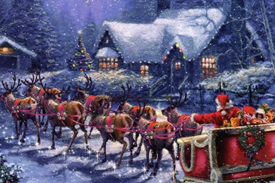 Wallpaper: Merry Christmas, Santa, Reindeer, Gifts, Sleigh Car ...