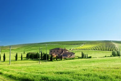 Farms Tuscan Farm Bright Summer Day Hills Fields Sky Wallpapers ...