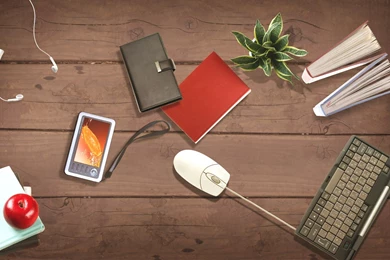 Wooden Desk, Laptop, Mouse, Book, Plant, Phone, Notebook, Apple ...