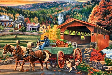 Market Day Autumn Harvest Bridge Painting