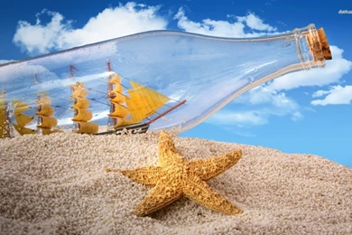 Bottled Ship And Starfish In The Sand Wallpapers   Photography ...