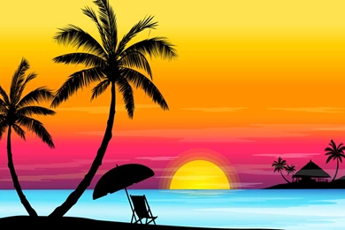 Pictures > Beach Sunset With Palm Trees Drawing