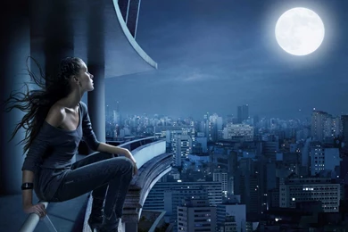 Download Wallpapers 3840x2400 Girl, Moon, Night, Balcony, City ...