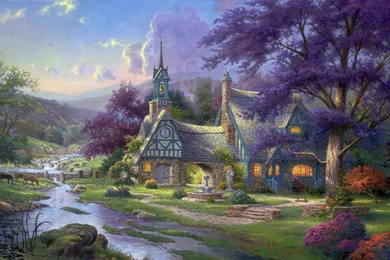 Drawing & Painting: Thomas Kinkade   Clocktower Cottage, Desktop ...