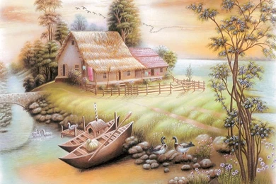 Beautiful Home Boat Lake Birds Poster Painting HD Wallpapers