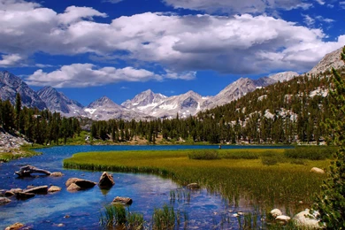 Beautiful Landscape Scenery River Grass, Mountains And White ...