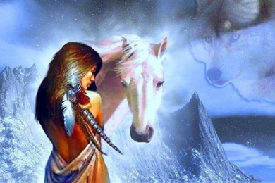 Native American Woman And Wolf Protector   (