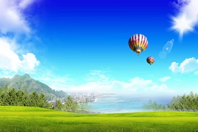 Hot Air Balloons Above The Sea And Field Desktop Wallpapers 28391