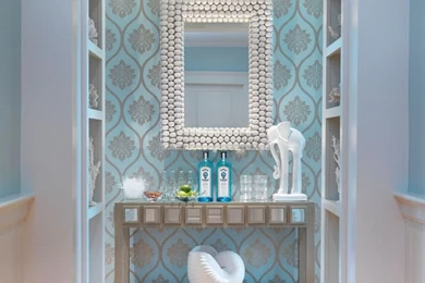 Dazzling Elephant Wallpaper mode Providence Beach Style Entry Remodeling ideas with accent mirror baseboards blue wallpaper built in shelves Door casing  ...
