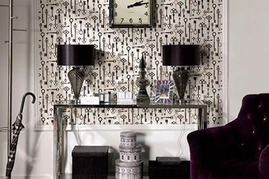 Glamorous Hallway With Mirrored Table And Feature Wallpapers ...