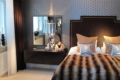 Magnificent Mirrored Nightstands fashion Other Metro Contemporary Spaces Image Ideas with bed pillows chrome accents floating bedside table graphic  ...