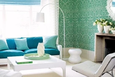 Teal / White Living Room With Damask Wallpaper.