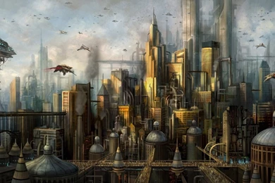 Aircraft Cityscapes Smoke Bridges Skyscrapers Concept Art Philip