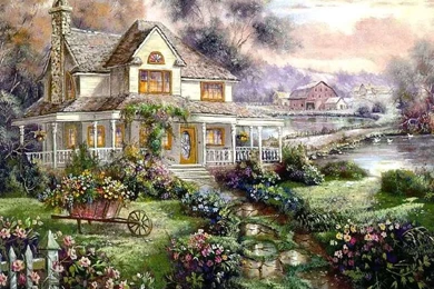 Houses: Country Cottage Puzzzle Flowers Carl Valente Full HD ...