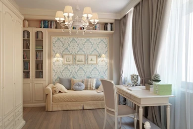 Blue wallpaper Taupe Brown curtains bedroom.jpeg