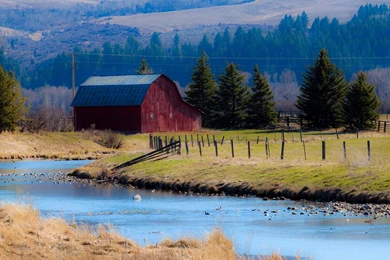 Red Barn By The River Wallpapers   Nature Wallpapers