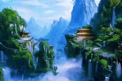 Fantasy Art Asian Oriental Landscapes Buildings Castles Mountains ...