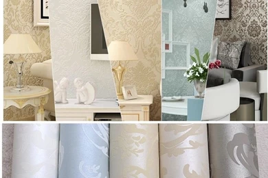 10M Embossed Metallic Damask Feature Flocked Non Woven Wallpapers ...
